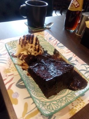 Chocolate Fudge Cake and Ice Cream  at The Queen Inn in Cwmbran
