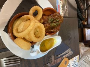 Ribs, onion rings, Katsu sauce dip at The Queen Inn in Cwmbran