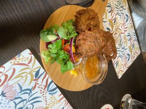 Carrot and onion bahjee with mango chutney at The Queen Inn in Cwmbran