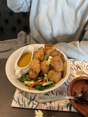 Chicken balls, salt and pepper chips and curry sauce   at The Queen Inn in Cwmbran