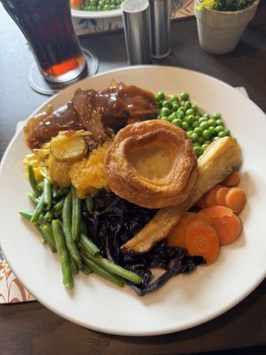 Sunday roast with lamb seitann  at The Queen Inn in Cwmbran