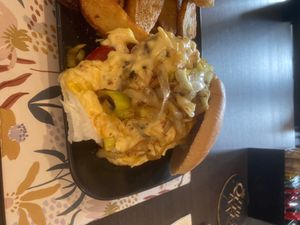 Cymru L*mb byth, L*mb burger smothered on cheezey caramelised leeks at The Queen Inn in Cwmbran