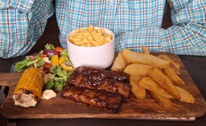 Bourbon BBQ r*bs, mac and ch*ese, corn on the cob and chips at The Queen Inn in Cwmbran
