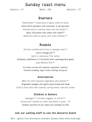 Sunday Roast Menu - February 2026 at The Queen Inn in Cwmbran