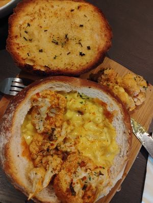 Max cheese bread bowl, with harissa roast cauli at The Queen Inn in Cwmbran