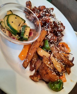 Chilli 'chicken' with sweet potato fries and salad at The Queen Inn in Cwmbran