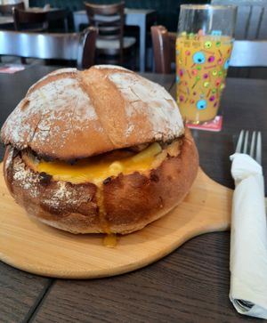 Mac&Cheese-stuffed sourdough with "bacon" and "chicken" - it was huge! at The Queen Inn in Cwmbran