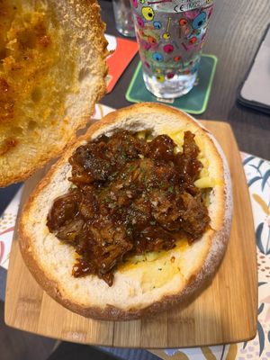 Pulled BBQ Shiitake Mac & ch*ese stuffed garlic bread bowl  at The Queen Inn in Cwmbran