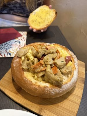 Ch*cken + b*con Mac & ch*ese stuffed garlic bread bowl  at The Queen Inn in Cwmbran