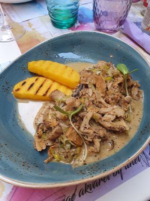 Mushroom and vegetable stew with polenta at Tinel in Zadar
