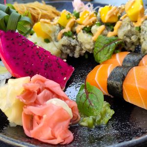 One of the plates plus salmon nigari at Enoki in Gdynia