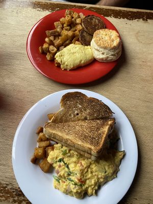 Vegan scramble with home fries and vegan egg with vegan sausage and home fries (biscuit not vegan)  at Honest John's in Detroit
