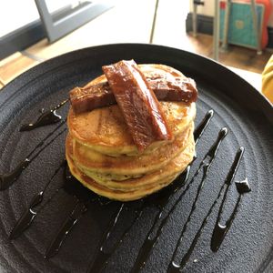 Pancakes and bacon 😋  at Throwback Coffee House in Wakefield
