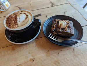 Oat milk cappuccino and a smores brownie at Throwback Coffee House in Wakefield