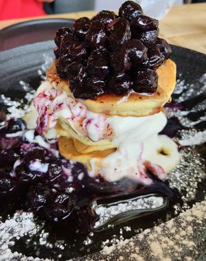 Blueberry compote pancakes   at Throwback Coffee House in Wakefield