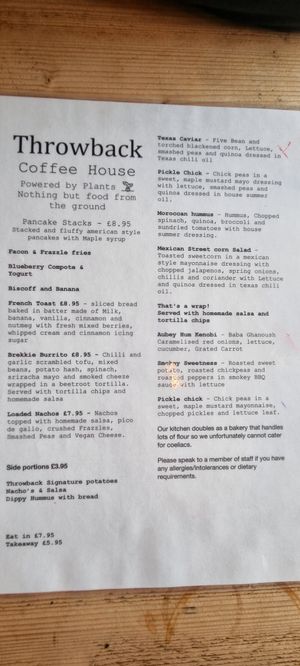 Food menu at Throwback Coffee House in Wakefield