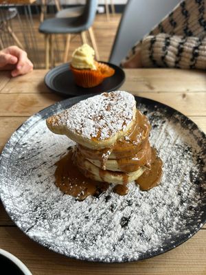 We chose biscoff and maple syrup together. Cupcake in the background    at Throwback Coffee House in Wakefield