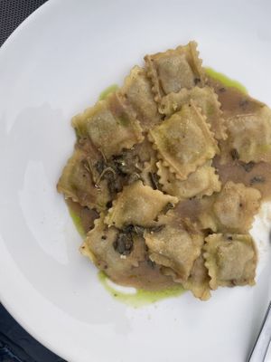 Vegan pumpkin sage ravioli   at Sphinx Wine Bar and Restaurant in Oia