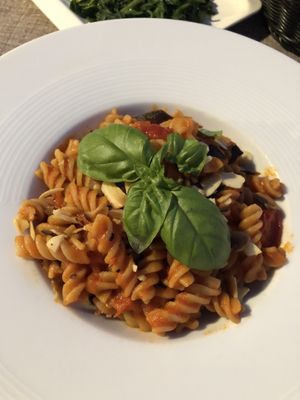 Eggplant pasta at L'M Ristopizza in San Pantaleo