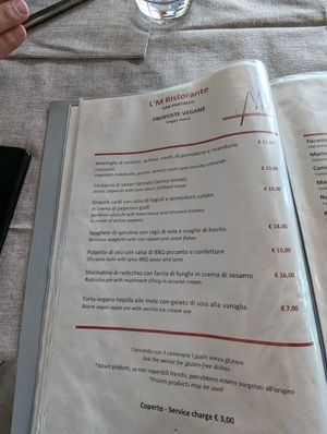 Vegan menu at L'M Ristopizza in San Pantaleo