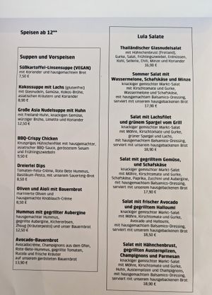 Menu page at Lula at Lula in Berlin