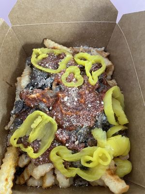 Pizza steak fries  at VBQ Philly in Trenton