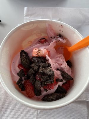 Non-Dairy Strawberry Lemonade Sorbet with Oreos, and strawberries at Fuse Frozen Yogurt in Saint Simons Island