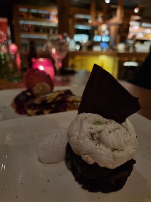 Vegan brownie with white avocado coconut mouse and vegan whipped cream. at The Old Pal in Zoetermeer