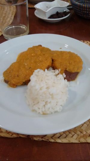 Schnitzel with tomato with a gazpacho style sauce. at Es Ginebro in Mallorca