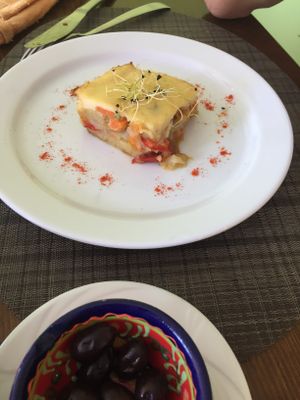 Olives and moussaka (vegetarian - my omnivorous husband enjoyed  at Es Ginebro in Mallorca