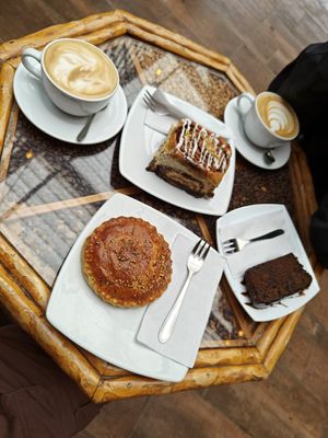 Oat Lattes, Potato filled pastry, Cinnamon Roll, Chocolate Banana Loaf at Café Monteverde Coffee Shop in Monteverde