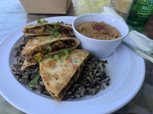Walnut cheese quesadillas with refried chickpeas    at Beyond Vegan Eats in Los Angeles