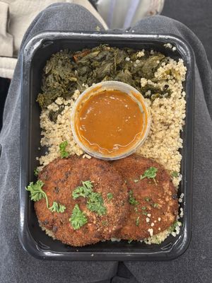 crab cakes with quinoa and collard greens and sauce 🤤  at Beyond Vegan Eats in Los Angeles