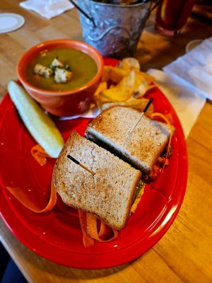 Portobello sandwich and curried butternut squash soup. at Colophon Cafe in Bellingham