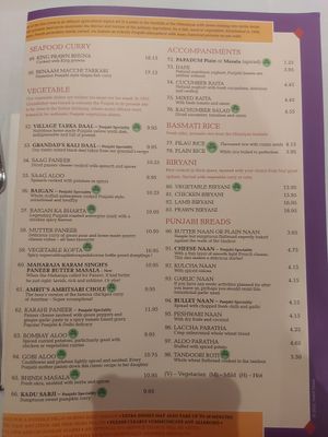 Side of the menu with the vegan options at Punjab in London