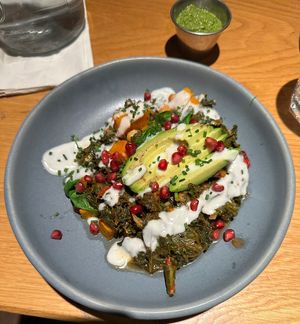 Warm Buddha bowl with green tahini dip  at Megan's King's Road in South West London