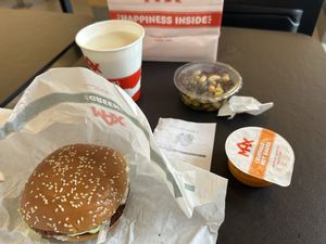 Plant beef burger, oat milk and bean saladd  at MAX - Hovedbanegården in Copenhagen