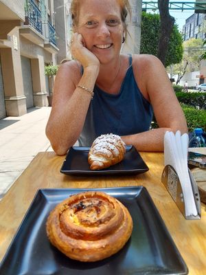 Croissant and pizza roll at Miga Vegana in Mexico City