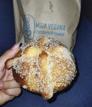 Pan de muerto, tal cual el tradicional muy bueno (rescatado con cheaf en muy buen estado) at Miga Vegana in Mexico City