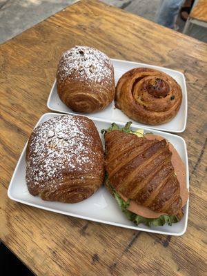 Pan au chocolate, pizza roll, croissant sandwich   at Miga Vegana in Mexico City