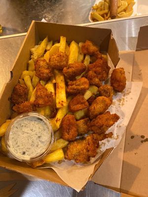 Jackfruit scampi & chips w/vegan tartare sauce  at Little Jack Fullers in Brighton