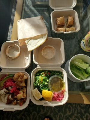 Cauliflower, garden falafel, tabbouleh, pita, baklava at Nuba - Gastown in Vancouver