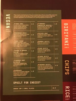 Vegan section of menu July 2021 at Babul's in Barnard Castle