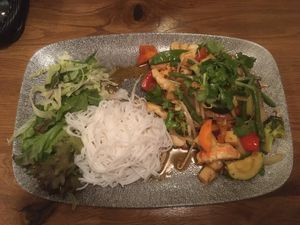prawns with rice noodles and vegetables at Lam Vegan in Hamburg