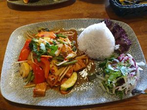 Lunch menu with rice,veggies, tofu and lemongrass at Lam Vegan in Hamburg