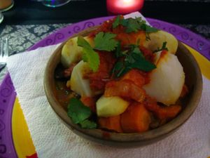 Vegetable tajine with (if remembered correctly) aubergine, potato, parsnip, stewed pear, potato, carrots, tomato, with wheat and lentils on the bottom. at Passion for Food in Bruges