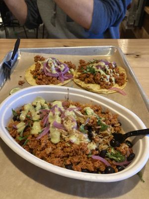Vegan “chorizo” tacos and bowl.   at Sun King in Carmel