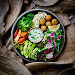 FALAFEL BOWL 
Fried falafel with soy oil, grill tofu, broccoli, avocado, baby carrot, wild rocket, watercress, baby romaine with cauliflower sauce at Pistachio in Ubud