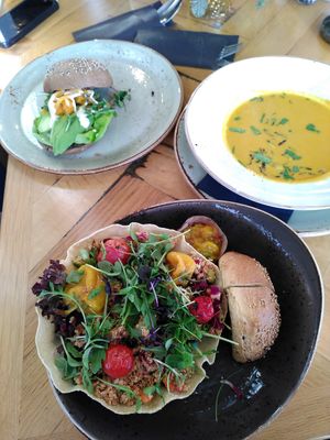 Vegan quinoa salad, soup and avocado sandwich at Stadsvilla in Arnhem
