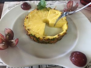 Dessert: pineapple and grapes   at O Branquinho in San Jorge
